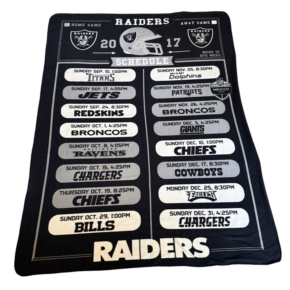 NFL Oakland Raiders 2017 Schedule Fleece Throw Blanket 64x87 Black Silver Fan